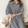 Vestido Camisa Cuadros Coreano para Mujer Primavera y Verano 2026 Manga Corta Algodón y Lino Extra Largo Por Encima de la Rodilla Holgado y Elegante Camisa