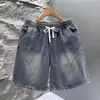 Shorts de mezclilla lavada de moda 2026 con cordón y cintura elástica para hombres y mujeres, shorts holgados versátiles de verano hasta la rodilla, estilo vintage