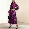 Nuevo vestido casual de manga larga de talla grande, suelto, de estilo europeo y americano, transfronterizo, para mujer, vestido midi estampado elegante y a la moda