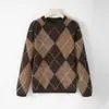 Estilo Nuevo Otoño e Invierno Patrón de Diamantes Suéter de Cachemira y Lana Top de Punto de Manga Larga Holgado con Cuello Redondo para Mujer