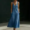 Vestido jeans estilo europeu e americano, vestido longo de verão liso com botões diagonais e alças largas, vestuário feminino transfronteiriço da Amazon