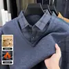 Suéter de Punto Grueso de Dos Piezas con Forro de Felpa para Hombres de Mediana Edad y Mayores, Camiseta Informal de Manga Larga con Cuello de Solapa