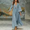 Verão 2026 Nova Roupa Feminina Europeia e Americana Comércio Exterior Transfronteiriço Casual Confortável Estilo Preguiçoso Cor Sólida Vestido de Gola V