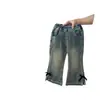 Calça Feminina Estilo Coreano Roupa Infantil 2026 Moda Outono Menina Laço Jeans Flare Estiloso Versátil Tendência
