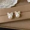 Pendientes de Botón con Lazo de Encaje Hueco Francés y Perlas de Imitación para Mujer, Lujo Ligero, Elegantes, de Gama Alta, Nuevo Estilo de Verano