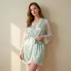 Bata de Noche Sexy de Satén de Seda de Hielo Elástica Suave con Encaje Bata de Baño Bata de Novia Bata de Mañana Camisón para Mujer