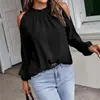Amazon Moda de otoño e invierno para mujer transfronteriza europea y americana, top liso con volantes, cuello semi-alto, manga larga, fruncido, hombros descubiertos