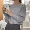 Suéter de punto de color liso, cuello redondo, estilo vintage chic coreano de otoño, mangas de farol sueltas y versátiles para mujer
