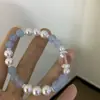 Pulseira de Pedra Natural Água-Marinha Névoa Azul, Pulseira Única de Pérola Natural para Mulheres