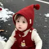 Chapéu Vermelho Infantil Outono e Inverno Quente de Tricô com Proteção para as Orelhas de Pelúcia para Meninos e Meninas à Prova de Vento Chapéu de Lã de Ano Novo