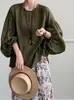 Juzhi Verano Nuevo Estilo Coreano Suéter de Lino con Mangas de Linterna Fruncidas y Diseño Transpirable 9652