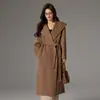 Abrigo de Lana Double-Face con Capucha para Mujer, Diseño de Invierno, Alto con Cordones, Abrigo de Lana Double-Face de Gama Alta para Otoño e Invierno