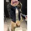 Cardigan de Tricô Azul Marinho Estilo Americano com Zíper e Gola Alta Feminino Outono Peça Externa Emagrecedor Valoriza o Corpo Jaqueta Suéter Top Curto