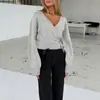 AliExpress Wish Moda Femenina Primavera y Otoño Top de Nudo Corto Cuello en V Simple Color Sólido Cruzado Suéter de Punto Irregular