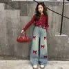 Pantalones Elegantes de Moda Dulces con Lazo Estilo Primavera y Otoño Nuevo Estilo Jeans de Mezclilla para Niñas Estilo Coreano Casual Sueltos de Pierna Ancha