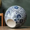 Vaso Jingdezhen Vaso Chinês Sala de Estar Entrada Quarto Flores Secas Conjunto de Três Peças de Vaso de Flores Azul e Flor Crisântemo