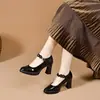 Sapatos de salto grosso de tira única salto alto 2026 Outono Novo Estilo Confortável Impermeável Plataforma Solado Grosso Aumento de Altura Trabalho Sapatos de Couro Feminino