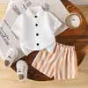 Artículos Populares Europeos y Americanos de Venta Cruzada de Amazon en Stock: Conjunto de Dos Piezas para Niña: Cárdigan Básico Sencillo de Manga Corta + Shorts Rayados