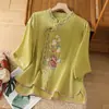Camisa bordada de algodón y lino estilo chino retro para mujer, top de verano vintage estilo té Zen chino nuevo, blusa de algodón y lino para mujer