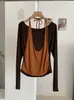 KEKEZOON Camiseta de Manga Larga Off-Shoulder Patchwork con Cuello Halter Estilo Coreano Ajustada 8711