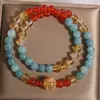 Pulsera Doble Círculo de Cristal Amarillo Natural Torre para Mujer, Nuevo Estilo Chino, Lujo Ligero, Jade Azul Agua Retro de Nicho, Pulsera Apilable de Ágata Roja