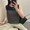 Colete de Tricô de Linho de Seda Gelada Listrado Estilo Old Money para Mulheres, Peça de Exterior de Verão, Top Sem Mangas Casual Solto Fino Francês