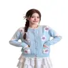Suéter cardigan de tricô macio com bordado floral tridimensional dopamina e gola redonda para mulheres, estiloso e rejuvenescedor para outono e inverno