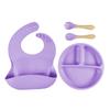 Conjunto de Talheres de Silicone para Crianças, Conjunto de Alimentação para Bebê de 4 Peças com Garfos e Colheres de Cabo de Madeira, Babador 3D para Alimentação de Mãe e Bebê