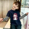 Camiseta de Manga Larga de Algodón Puro para Niñas, Estilo Otoño, Dibujos Animados, Falsa Dos Piezas, Mangas a Rayas con Parches, Cuello Redondo, Camiseta Básica Versátil para Niños