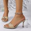 Sandalias de una tira con punta abierta para ropa exterior de mujer 2025 Primavera y Verano Nuevo Albaricoque Sexy Tacones Altos de Aguja