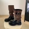 Botas Slouch de Tubo Largo Adelgazantes con Parches para Mujer Otoño 2025 Nuevo Nicho Retro Aumento de Altura Suela Gruesa Media Caña para Mujeres Petite