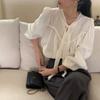 Coreia do Sul chique outono francês elegante elegante plissado fita de duas vias manga bufante solta blusa top para mulheres