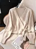 AliExpress Wish Moda Femenina Primavera y Otoño Top de Nudo Corto Cuello en V Simple Color Sólido Cruzado Suéter de Punto Irregular