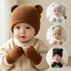 Amazon Novo Boné de Lã Tricô com Orelhas de Urso Fofo Conjunto de Chapéu e Luvas Quentes Outono Inverno Feminino