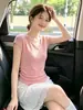 Top Corto de Punto Rosa Estilo Coreano Cuello en V Ajustado Hombro Normal para Mujer Verano Único Hermoso Adelgazante Manga Corta Camiseta