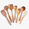 Juego de Utensilios de Cocina de Madera de Acacia, Espátula de Madera Maciza con Mango Largo, Cuchara para Sopa, Colador, Espátula para Cocinar, Herramientas de Cocina para el Hogar
