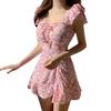Fonte de Fábrica ins Estilo Vintage Floral Cordão Voando Manga Cintura Alta Barriga Cobrindo Saia Bodysuit Mulheres