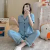 Pijama de algodón de burbujas estilo 2026 para mujer, verano, manga corta, pantalón largo, casual, se puede usar afuera, conjunto simple para casa