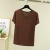 Top de mujer con cuello en V, camiseta básica, talla grande, nueva camiseta de manga corta de verano, adelgazante, color liso, modal, estilo coreano, corte holgado