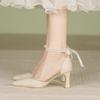 Zapatos de Punta para Mujer Primavera 2025 Nuevo Estilo con Lazo de Perlas Tacones Altos Tacones de Aguja