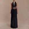 Vestido de Verano 2026 con Cuello Halter para Mujer, Sexy de Cintura Alta Fruncido sin Mangas Hombros Descubiertos Patchwork Largo