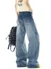 Jeans versátiles de estilo americano con estampado de estrellas para mujer, pantalones de pierna ancha holgados lavados para verano con un elegante diseño de corte recto