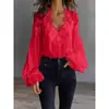 Camisa Feminina de Renda Patchwork com Mangas Bufantes Plissadas - Moda Independente Europeia e Americana 2026