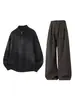 Conjunto de Roupa Han Lu Estilo Old Money Relaxado: Suéter com zíper e gola alta combinado com calça casual curva em mistura de lã sintética drapeada
