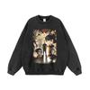 Harajuku retro cartoon print pesado lavado manga comprida suéter homens e mulheres hiphop rua solta pescoço redondo suéter moda