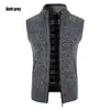 Chaleco cárdigan de punto para hombre de otoño e invierno transfronterizo, suéter de punto, engrosado y forrado de polar, cuello alto, chaqueta chaleco sin mangas