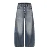 Calça Jeans Lavada Gradiente Retro Americana Masculina Punk Rasgada Desgastada Solta Wide Leg Braguilha de Botão Longa Tendência