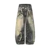 Subcultura High Street Americana Marca Tendência Design Personalizado Impressão 3D Calça Jeans Lavada de Corte Solto Wide-Leg para Homens e Mulheres
