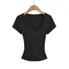 Camiseta de Verano Estilo Puro Deseo Ajustada Cintura de Reloj de Arena Hombro Normal Top Sexy de Manga Corta con Cuello en V Profundo Estilo Chica Caliente Americana para Mujer