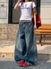 Jeans Scimitar Deconstruidos con Parches de Tres Rayas para Mujer, Pantalones Anchos Lavados Retro Americano Nuevos de Verano